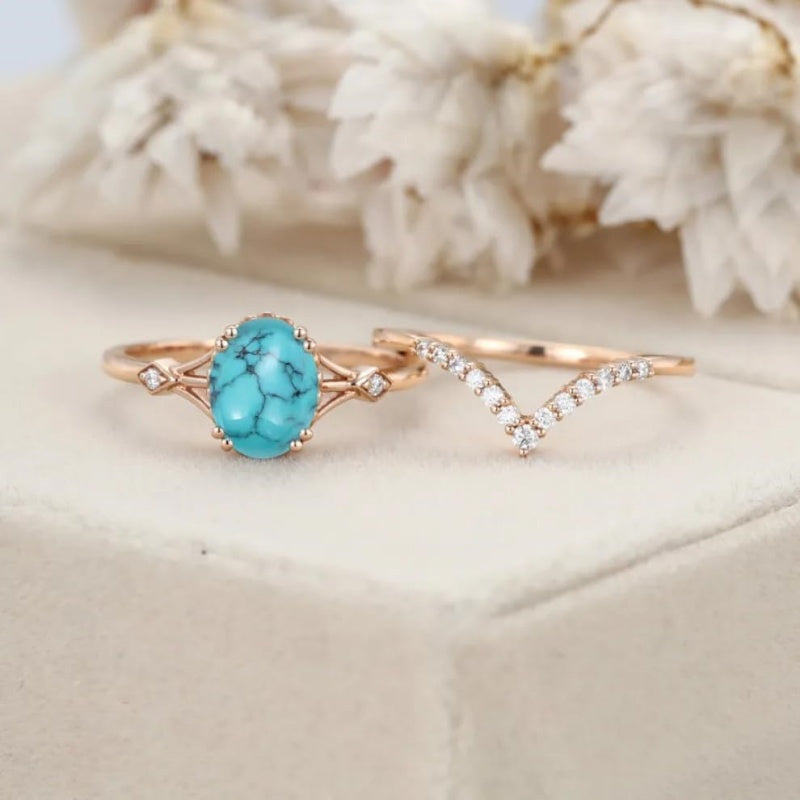 Sterling Silver 10K 14K 18K Gold Turquoise Engagement  Wedding Ring Set for Women