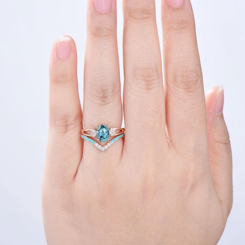 Sterling Silver 10K 14K 18K Gold Turquoise Engagement  Wedding Ring Set for Women