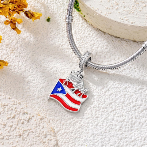 Sterling Silver Coqui Frog Flag Puerto Rico Charm Beads