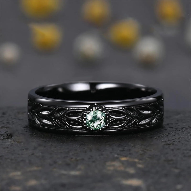 Sterling Silver 10K 14K 18K Gold Natural Leaf  Moss Agate Engagement Anniversary Couple Ring Sets