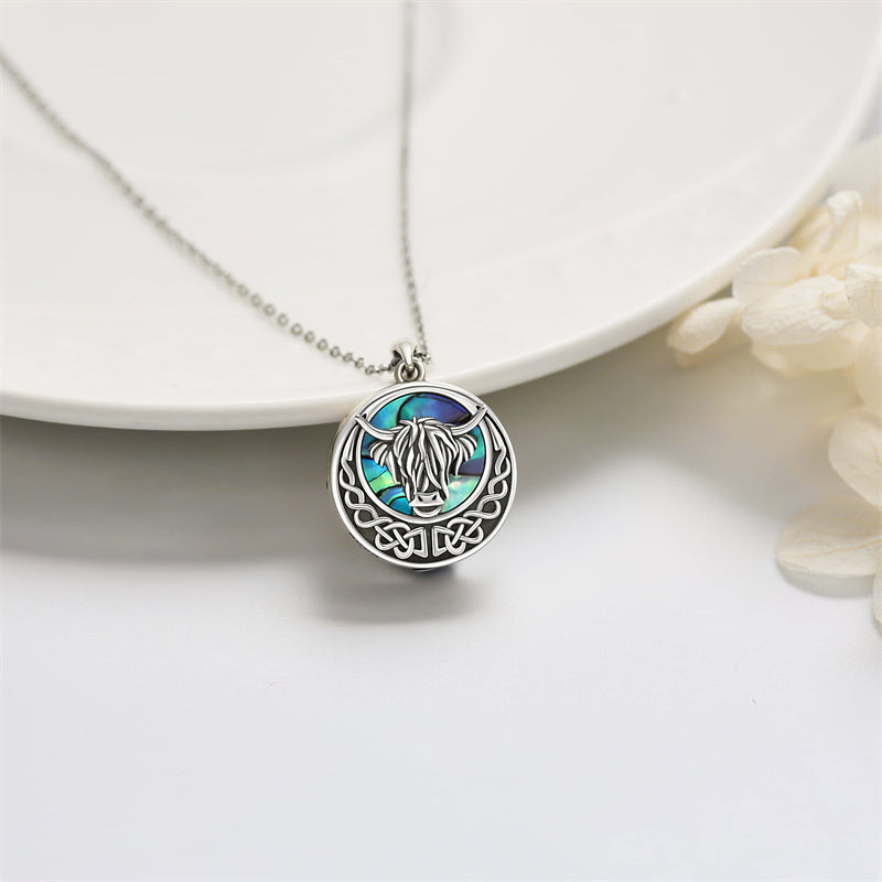 Highland Cow Urn Necklace for Ash 925 Sterling Silver Abalone Shell Cremation Jewelry for Ashes Memory Jewelry for Women Men
