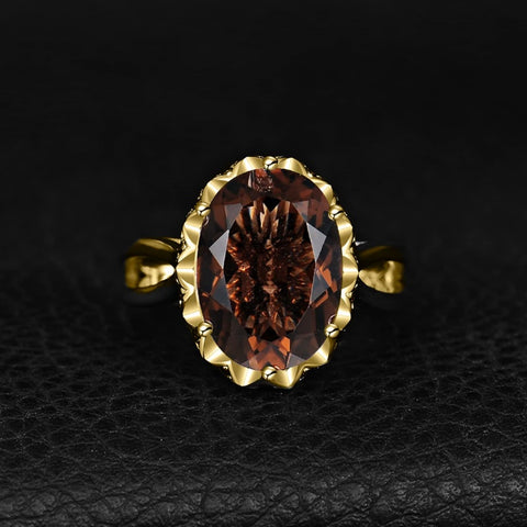 14K Gold Plated  Oval Shape 3.7CT Genuine Smoky Quartz Cocktail Rings for Her