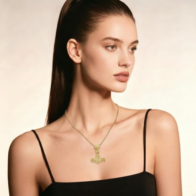14K Gold Plated Celtic Knot Viking Thor Hammer Pendant Necklace