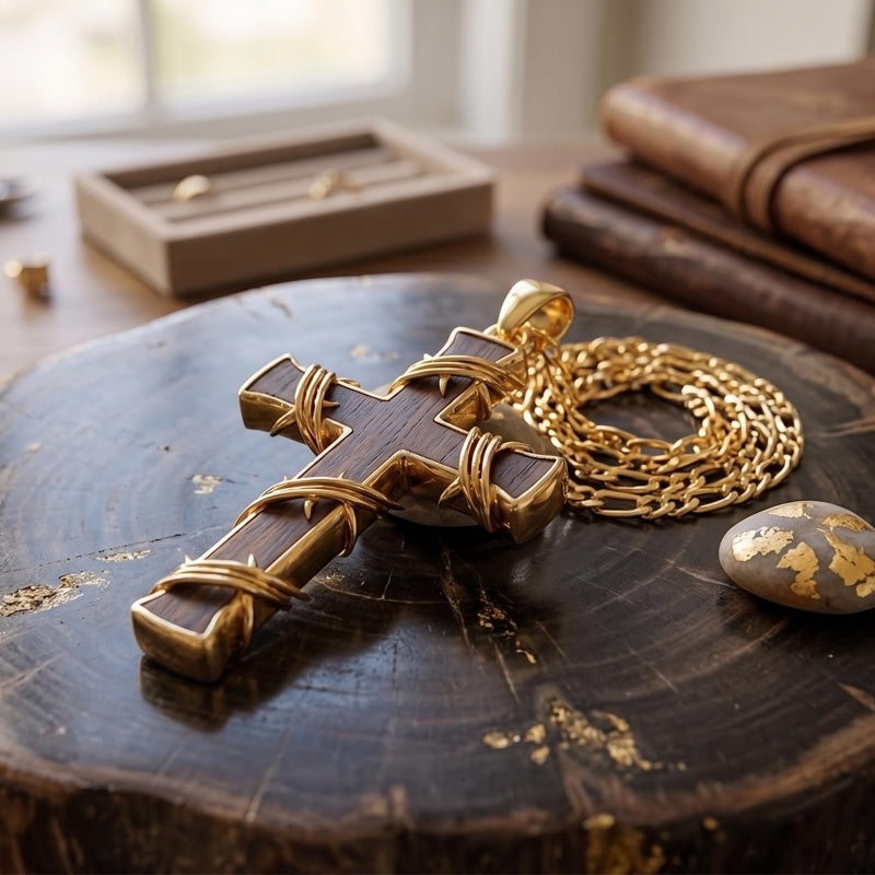 Wood 14K Gold Plated Cross Pendant Necklace
