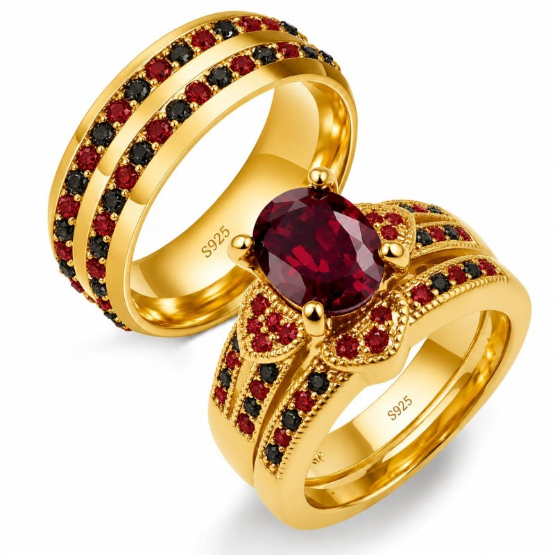 Sterling Silver 10K 14K 18K Gold Personalized Engraved  Halloween Dark Red Gemstone Couple Ring Set