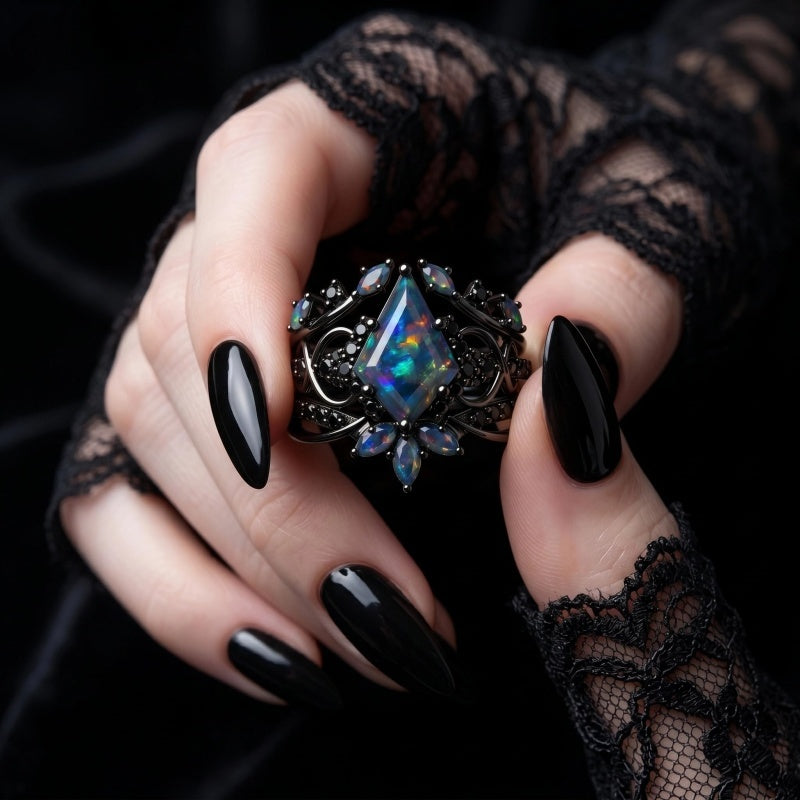 Sterling Silver 10K  14K  18K  Gold Personalized Engraved Black Opal Engagement Wedding Promise Ring for Her
