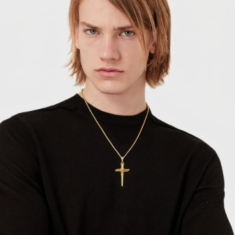 14K Gold Plated Cross Pendant Necklace for Men Religious Jewelry Christian Gift