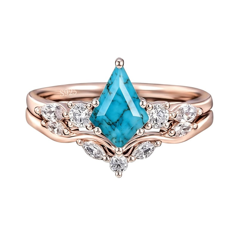 Sterling Silver Personalized Engraved 1-3CT Turquoise Engagement  Wedding Promise Ring Set for Her
