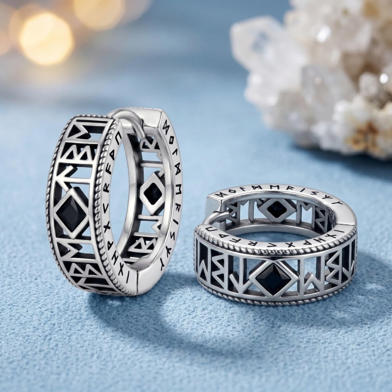 14K Gold Plated  Cubic Zircon Norse Viking Runes Hoop Earrings Viking Jewelry Gift for Men