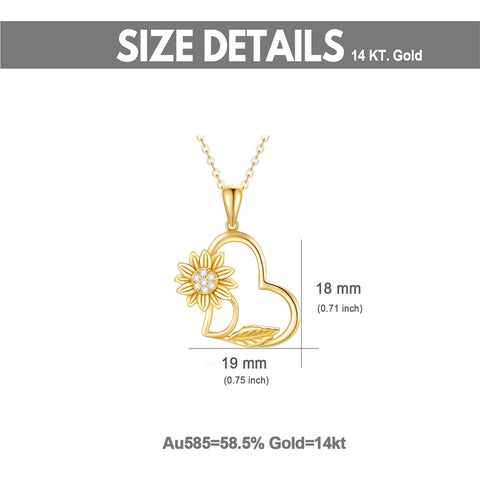 14K Gold Sunflower Heart Pendant Necklace