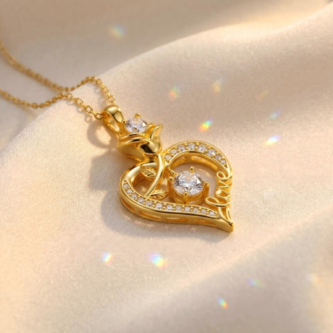 Heart Rose Pendant Necklace for Women  14K Gold Plated Mothers Day  Anniversary Birthday Gift