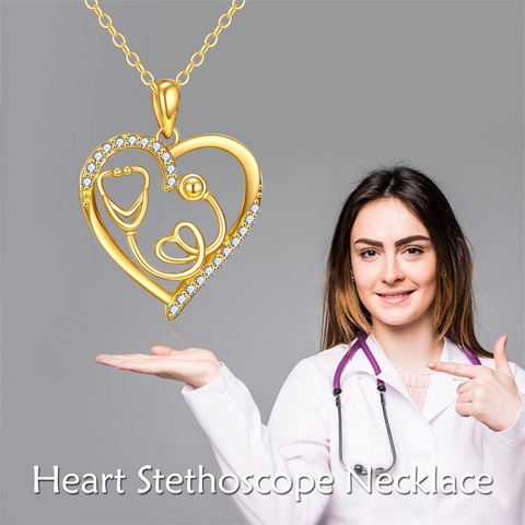 14K Gold Heart-Shaped Stethoscope Pendant Necklace