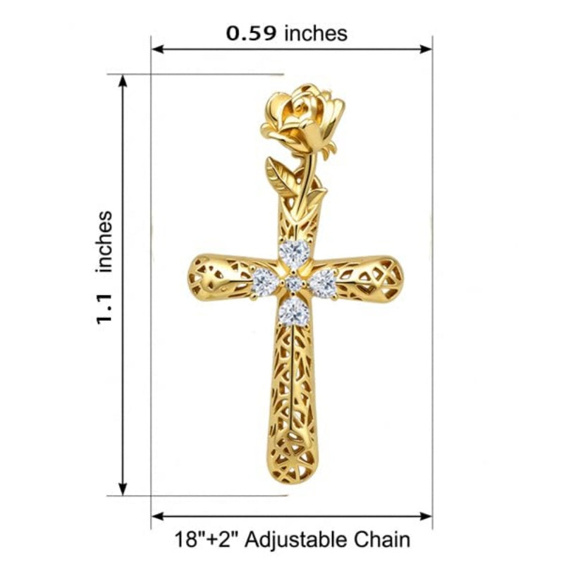 14K Gold Plated  Cubic Zirconia  Filigree Pendant Rose Cross Necklace