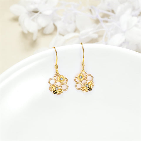 14k Yellow Gold Bee Earrings Honeycomb Bee & Sunflower Dangle Earrings