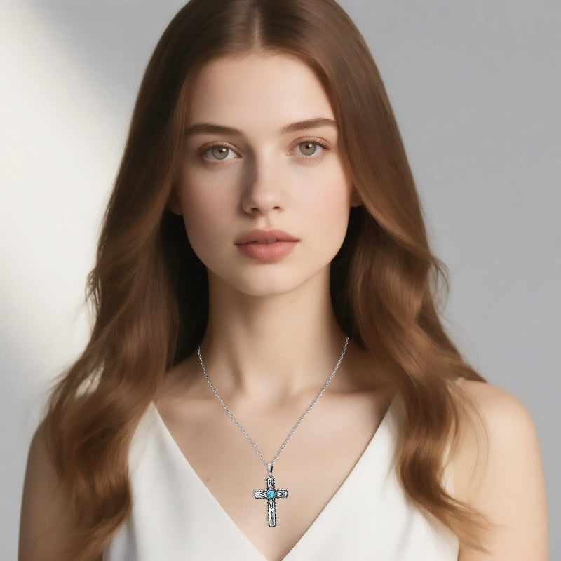 14K Gold Plated Turquoise Cross Pendant Necklace Western Jewelry for Women