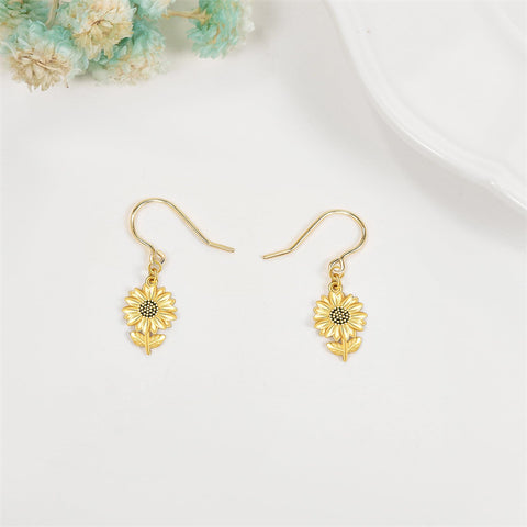 14k Yellow Gold Sunflower Dangle Earrings