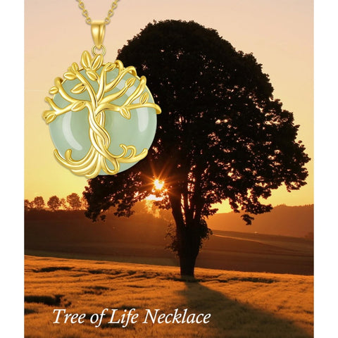 14k Gold Plated Sterling Silver Round Jade Tree of Life Necklace Good Fortune Jewelry for Women