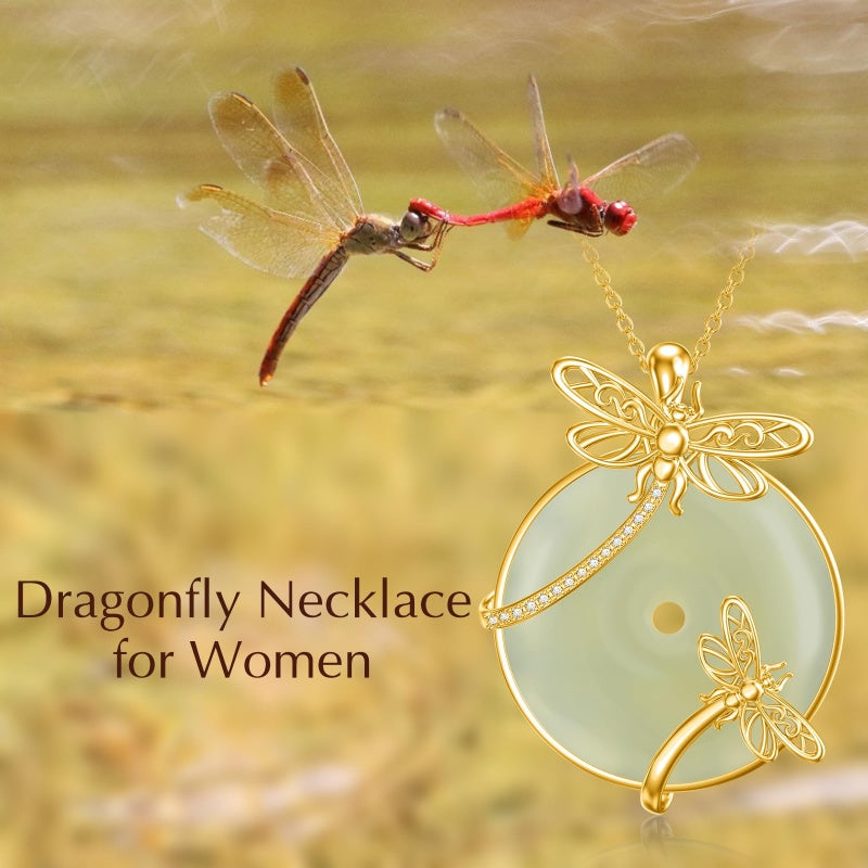 14K Gold Plated Natural Jade Hummingbird Cat Dragonfly Butterfly Bee Pendant Necklace for Women