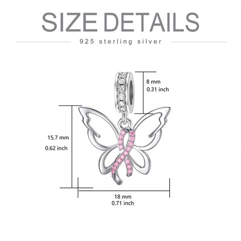 Sterling Silver Cubic Zirconia Butterfly Breast Cancer Awareness Charm Beads