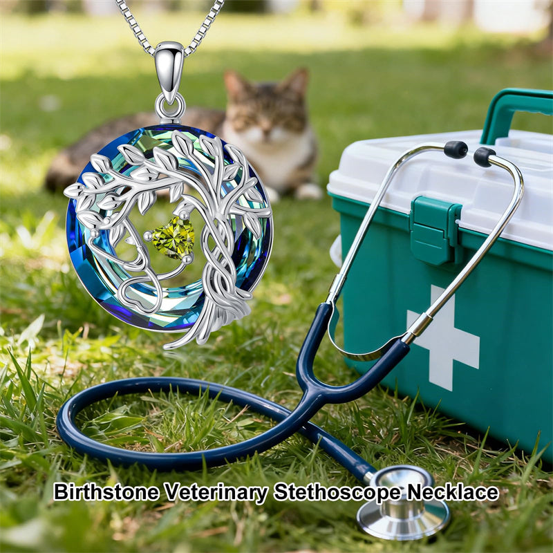 Sterling Silver Birthstone Crystal Tree of Life Stethoscope Pendant Necklace
