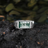 Sterling Silver 10K 14K 18K Gold Personalized Engraved Moss Agate Men's Wedding Ring Engagement Ring