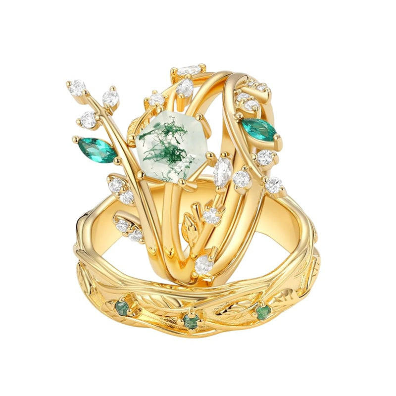 Sterling Silver10K 14K 18K Gold Natural Moss Agate Branch Leafy Engagement Ring Set For Couples