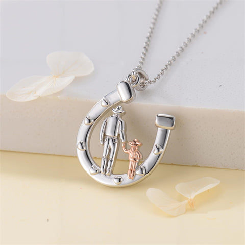 Sterling Silver Father Daughter Western Cowgirl Pendant Necklace