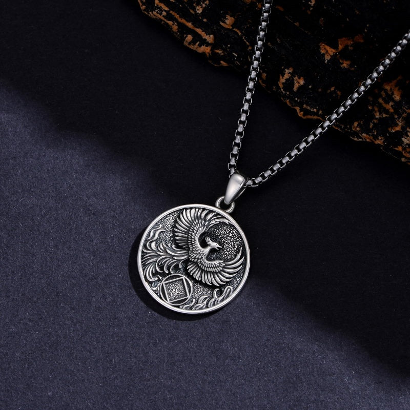 Sterling Silver Phoenix Rising Pendant Necklace NA/AA Sobriety Jewelry