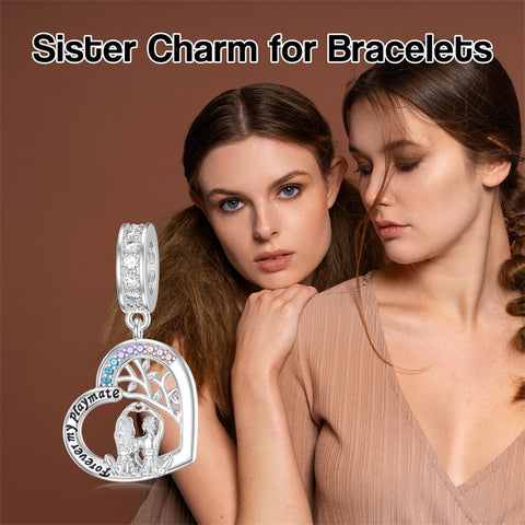 Sterling Silver Cubic Zircon Sister Couple Bead Charms with  Engraved