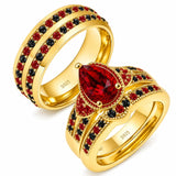 Sterling Silver 10K 14K 18K Gold Personalized Engraved  Halloween Dark Red Gemstone Couple Ring Set