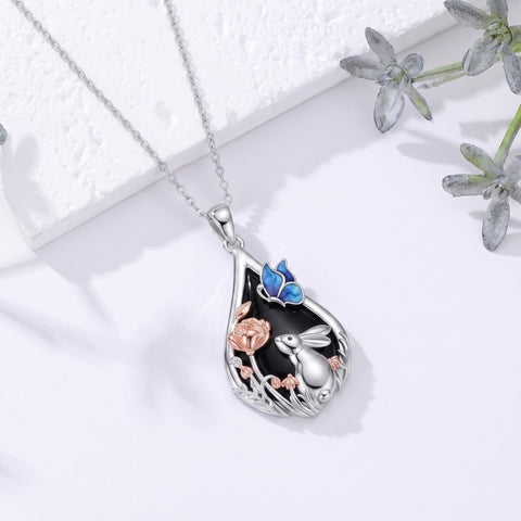 Sterling Silver Obsidian Bunny Cat Elephant Dog Fox Teardrop Pendant Necklace