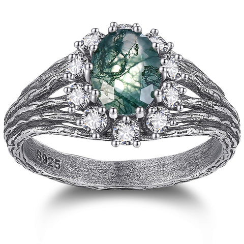 Sterling Silver Moss Agate Moonstone Branch Engagement Wedding Promise Ring  for Her
