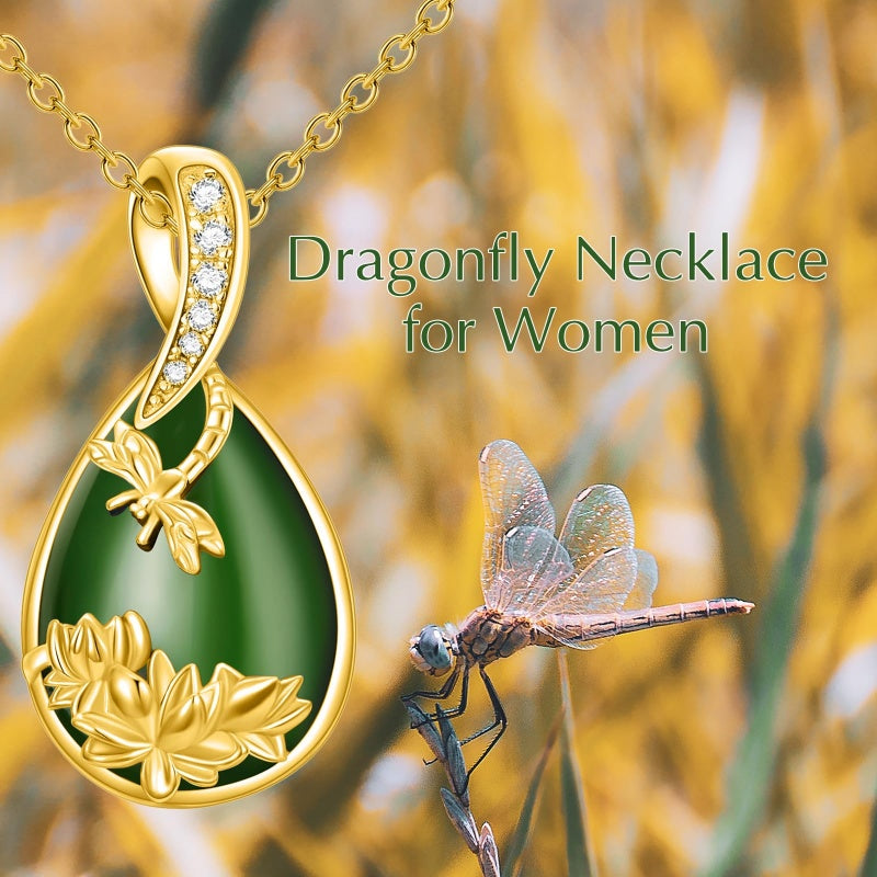 14K Gold Plated Natural Jade Hummingbird Cat Dragonfly Butterfly Bee Pendant Necklace for Women