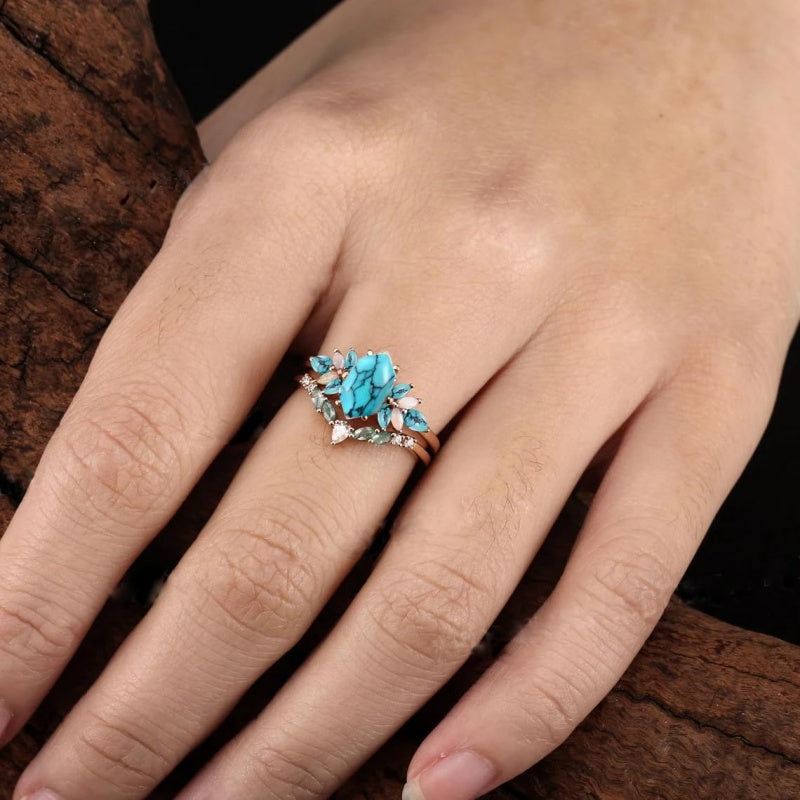 Sterling Silver 10K 14K 18K Gold Turquoise Engagement  Wedding Ring Set for Women