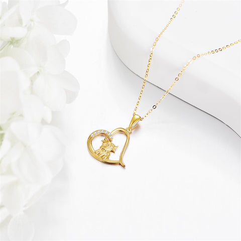 14K Gold Heart Highland Cow Pendant Necklace