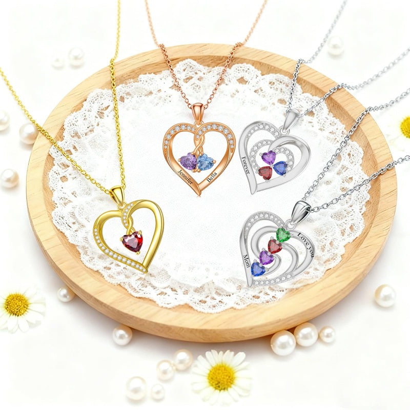 10K 14K 18K Solid Gold Personalized Engraved 1-4 Birthstone Heart Necklaces for Women