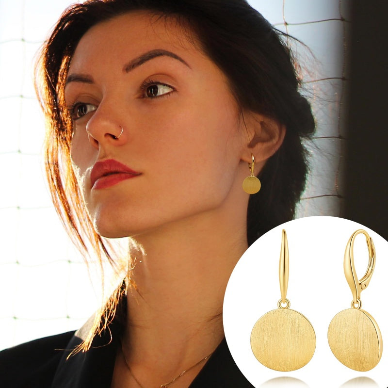 14K Gold Plated  Round Disc Leverback Earring for Women