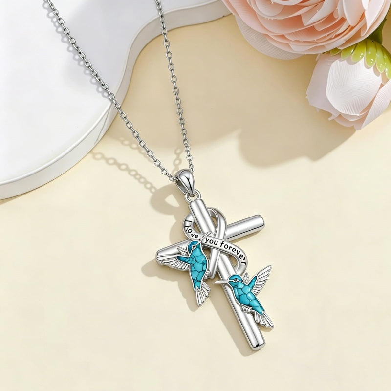 Sterling Silver  Hummingbird Blue Jay Dragonfly Butterfly Cross Necklace Engraved with I Love You Forever