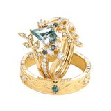 Sterling Silver10K 14K 18K Gold Natural Moss Agate Branch Leafy Couples Rings Set