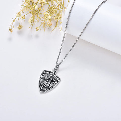 Sterling Silver Knights Templar & Cross Shield Pendant Necklace for Men