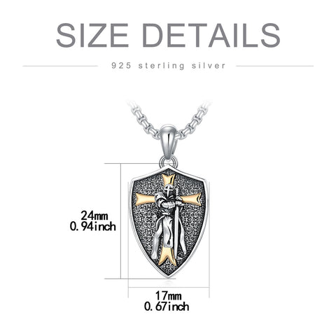 Sterling Silver Knights Templar & Cross Shield Pendant Necklace for Men