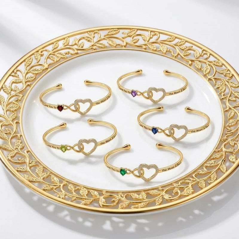 14K Gold Plated Birthstone Infinity Heart Bangle Bracelet for Women