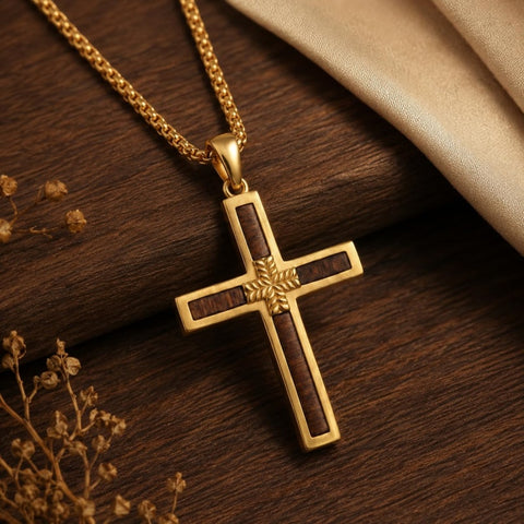 14K Gold Plated Wooden Cross Pendant Necklace Christian Catholic Jewelry Religious Gift