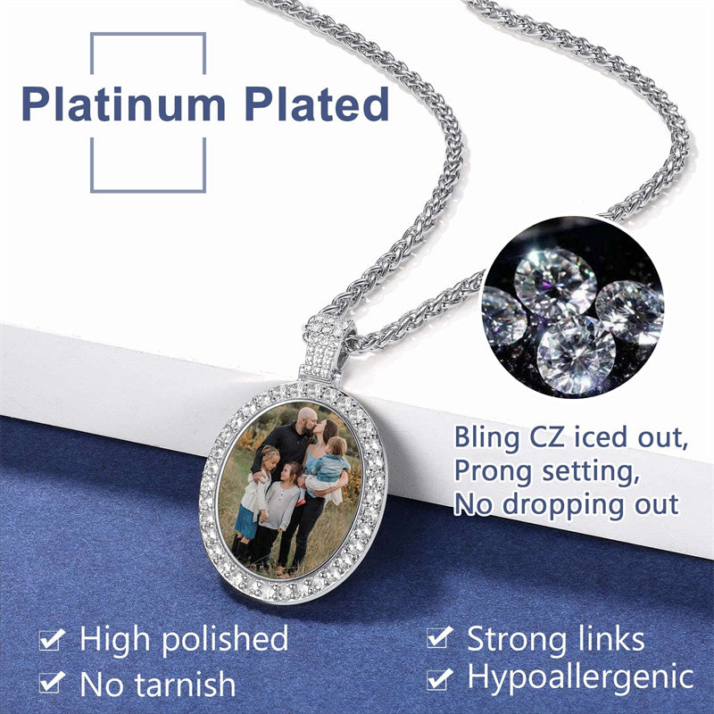 Copper Cubic Zirconia Oval Personalized Photo Engraved Pendant Necklace