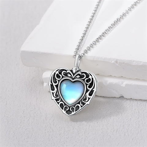 Sterling Silver Moonstone Turquoise Moss Agate Heart Shaped Urn Necklace for Ashes