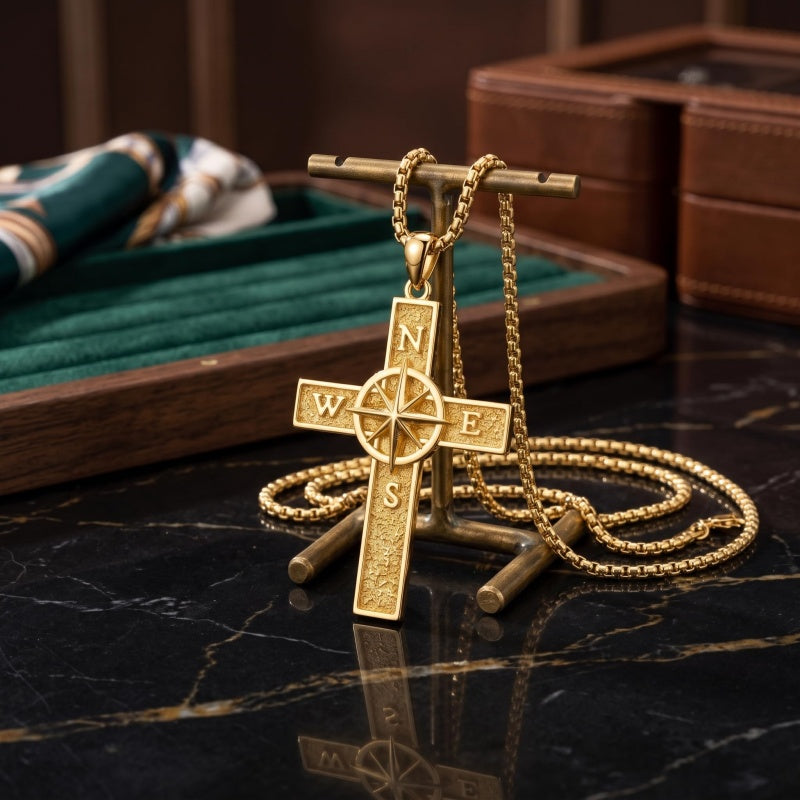 14K Gold Plated Cross Pendant Necklace for Men Religious Jewelry Christian Gift