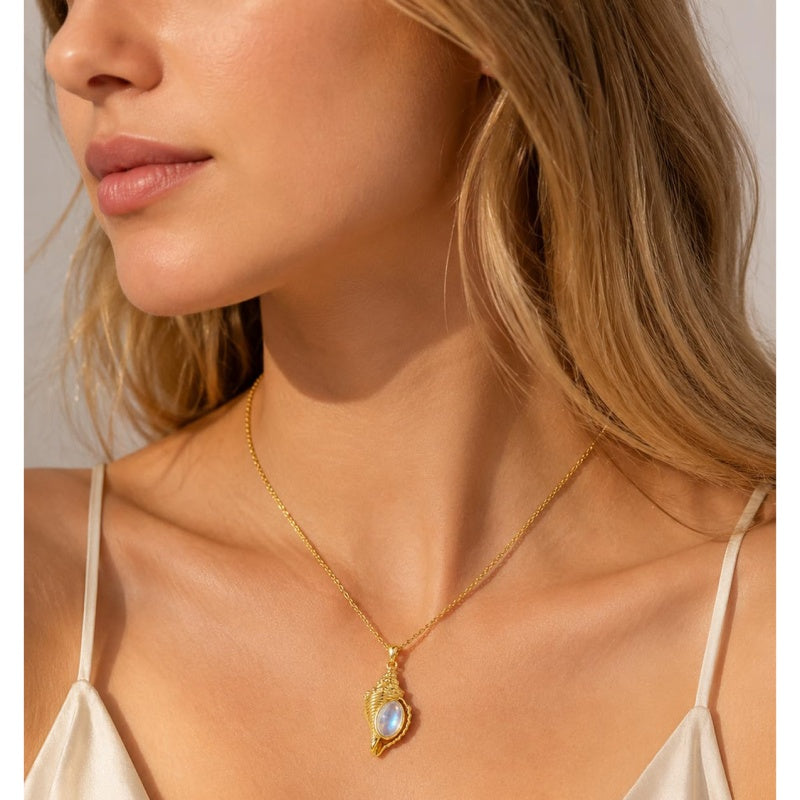 14K Gold Plated Moonstone Octopus Sea Turtle Conch Shell Starfish Seashell Ocean Necklace for Women
