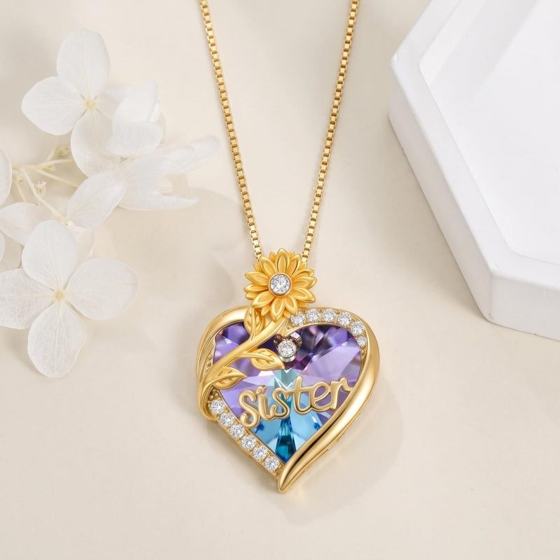 14K Gold Plated Heart Crystal Rose Mom  Sister Daughter Pendant Necklace for Woman