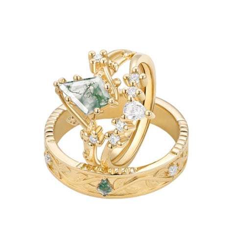 Sterling Silver10K 14K 18K Gold Natural Moss Agate Branch Leafy Engagement Ring Set For Couples