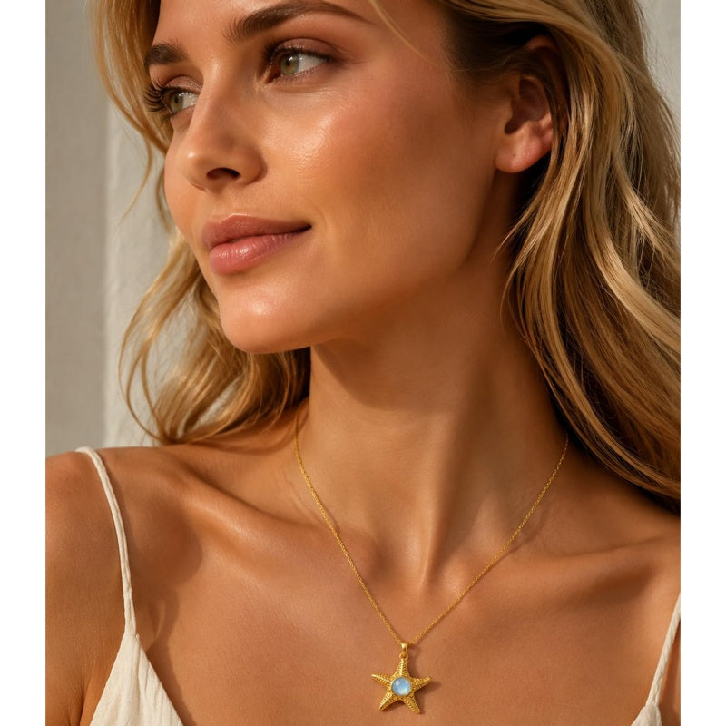 14K Gold Plated Moonstone Octopus Sea Turtle Conch Shell Starfish Seashell Ocean Necklace for Women